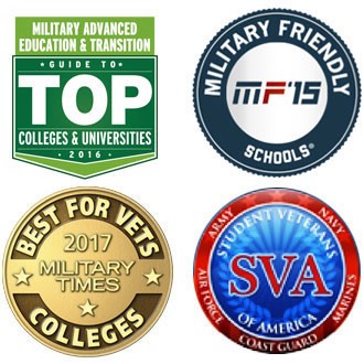 4 logos of organizations who endorse Illinois&#39; support of veterans: Military Advanced Education Top Colleges and Universities, Military Friendly Schools, Best for Vets Colleges 2015 Military times, and Student Veterans of America